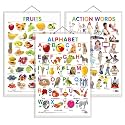 Set of 3 Alphabet, Fruits and Action Words Early Learning Educational Charts for Kids | 20"X30" inch |Non-Tearable and Waterproof | Double Sided Laminated | Perfect for Homeschooling, Kindergarten and Nursery Students