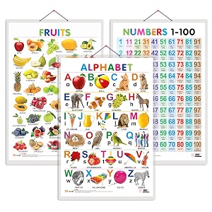 set of 3 alphabet fruits and numbers 1-100 early learning educational charts for kids  2034x3034 inch non-tearable and waterproof  double sided laminated  perfect for homeschooling kindergarten and nursery students