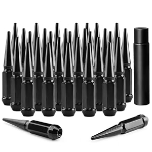 set of 32 14 mm x 15 wheel spike lug nuts m14x15 conical bulge seat closed end spiked lug nuts with 1 socket key for silverado sierra 2500 3500 f250 f350 aftermarket wheel black