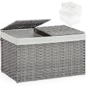 SETVSON Storage Basket with Lid, PE Rattan Woven Storage Bin, Gray