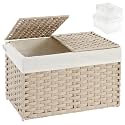 SETVSON Storage Basket with Lid, PE Rattan Storage Bin Light Khaki