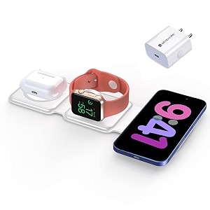 sevenaire magcharge d1900 3 in 1 wireless charger for iphone 17 to 8 series iwatch air-pods 23w fast charging magsafe compatible foldable  supports dual phone charge with 20w adapter