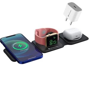 sevenaire magcharge d1900 3 in 1 wireless charger for iphone 17 to 12 series apple watch air-pods  23w fast charging compatible with magsafe foldable dual phone charge black w gr adapter