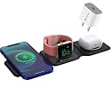 SEVENAIRE MagCharge D1900 3 in 1 Wireless Charger for iPhone 17 to 12 Series, Apple Watch, Air-pods | 23W Fast Charging| Compatible with MagSafe, Foldable, Dual Phone Charge (Black w GR Adapter)
