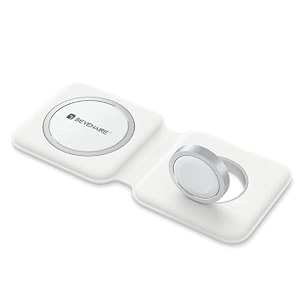 sevenaire magcharge d1950 duo 2 in 1 wireless charger  15w fast wireless charging pad  magsafe compatible  foldable  for iphone 17 to 8 series  iwatch  air-pods white