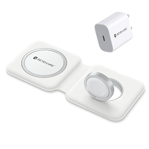 sevenaire magcharge d1950 duo 2 in 1 wireless charger  15w fast wireless charging pad  magsafe compatible  foldable  for iphone 17 to 8 series  iwatch  air-pods white adapter