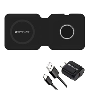 sevenaire magcharge d1950 2 in 1 wireless charger 15w fast charging pad mag-safe foldable for iphone 16 to 8 series  iwatch 10 to 3 air-pods black with 20w adapter