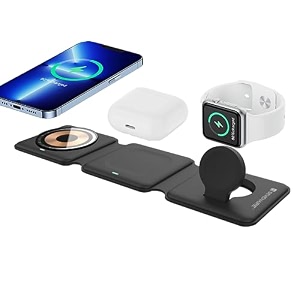 sevenaire magcharge d1970 3 in 1 wireless charger foldable magnetic  23w fast charging transparent design  mag-safe for iphone 17 to 8 series  iwatch  air-pods black