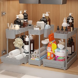 sevenblue 3-pack 2-tier l-shaped under sink organizers with sliding drawers