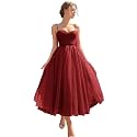 Sevintage Spaghetti Straps Tulle Prom Dress Tea Length Formal Party Evening Dress with Pockets