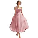 Sevintage Spaghetti Straps Tulle Prom Dress Tea Length Formal Party Evening Dress with Pockets