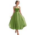 Sevintage Spaghetti Straps Tulle Prom Dress Tea Length Formal Party Evening Dress with Pockets