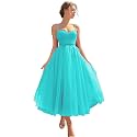 Sevintage Spaghetti Straps Tulle Prom Dress Tea Length Formal Party Evening Dress with Pockets