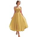Sevintage Spaghetti Straps Tulle Prom Dress Tea Length Formal Party Evening Dress with Pockets