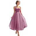 Sevintage Spaghetti Straps Tulle Prom Dress Tea Length Formal Party Evening Dress with Pockets