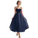 Sevintage Spaghetti Straps Tulle Prom Dress Tea Length Formal Party Evening Dress with Pockets