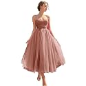 Sevintage Spaghetti Straps Tulle Prom Dress Tea Length Formal Party Evening Dress with Pockets