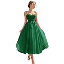Sevintage Spaghetti Straps Tulle Prom Dress Tea Length Formal Party Evening Dress with Pockets