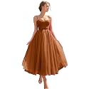 Sevintage Spaghetti Straps Tulle Prom Dress Tea Length Formal Party Evening Dress with Pockets