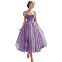 Sevintage Spaghetti Straps Tulle Prom Dress Tea Length Formal Party Evening Dress with Pockets