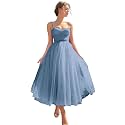 Sevintage Spaghetti Straps Tulle Prom Dress Tea Length Formal Party Evening Dress with Pockets