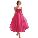 Sevintage Spaghetti Straps Tulle Prom Dress Tea Length Formal Party Evening Dress with Pockets
