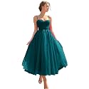 Sevintage Spaghetti Straps Tulle Prom Dress Tea Length Formal Party Evening Dress with Pockets