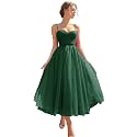 Sevintage Spaghetti Straps Tulle Prom Dress Tea Length Formal Party Evening Dress with Pockets
