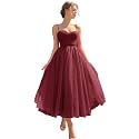 Sevintage Spaghetti Straps Tulle Prom Dress Tea Length Formal Party Evening Dress with Pockets