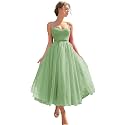 Sevintage Spaghetti Straps Tulle Prom Dress Tea Length Formal Party Evening Dress with Pockets