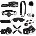 Sex Bondage Restraint Kits BDSM Toys 12 Pcs Handcuffs Ankle Cuffs Anal Plug Nipple Clamps Ball Gag Blindfold Rope Leather Restraints Set Adjustable for Adult Beginners (Black)