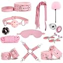 Sex Bondage Restraint Kits BDSM Toys 12 Pcs Handcuffs Ankle Cuffs Anal Plug Nipple Clamps Ball Gag Blindfold Rope Leather Restraints Set Adjustable for Adult Beginners (Pink)