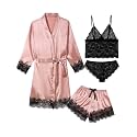 Sexy Pajama Set for Women Silk Lingeries 4 Piece Pjs Robes Set Satin Cami Shorts Sleepwear Lace Floral Loungewear