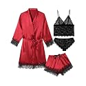 Sexy Pajama Set for Women Silk Lingeries 4 Piece Pjs Robes Set Satin Cami Shorts Sleepwear Lace Floral Loungewear