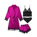 Sexy Pajama Set for Women Silk Lingeries 4 Piece Pjs Robes Set Satin Cami Shorts Sleepwear Lace Floral Loungewear
