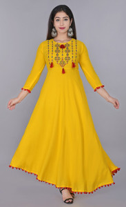 sf textile embroidered viscose rayon anarkali kurta for women yellow
