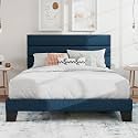 SHA CERLIN Full Platform Bed Frame with Upholstered Fabric Headboard, Blue