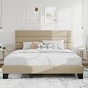 SHA CERLIN King Platform Bed Frame with Upholstered Fabric Headboard, Beige