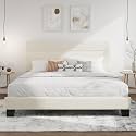 SHA CERLIN King Platform Bed Frame with Upholstered Velvet Headboard, Cream