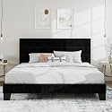 SHA CERLIN King Platform Bed Frame with Upholstered Velvet Headboard, Black
