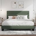 SHA CERLIN King Platform Bed Frame with Upholstered Fabric Headboard, Green