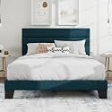 SHA CERLIN Queen Platform Bed Frame with Upholstered Fabric Headboard, Blue
