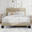 SHA CERLIN Queen Platform Bed Frame with Upholstered Fabric Headboard,Beige