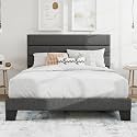 SHA CERLIN Queen Platform Bed Frame with Upholstered Fabric Headboard, Grey