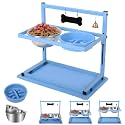 SHAINFUN Blue Raised Dog Bowl Stand with Two 1700ml Stainless Steel Food Bowl, a Slow Feeder and Spill Proof Mat, Adjustable Elevated Dog Bowls for Large Medium and Small Breeds