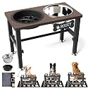 SHAINFUN Elevated Dog Bowls with Slow Feeder &amp; Mat for Medium Large Dogs, Adjustable Height, Raised Dog Bowl Stand with 2 Stainless Steel 58oz Bowls, Tall Dogs Food Water Bowl Wooden &amp; Metal Holder
