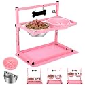 SHAINFUN Pink Elevated Dog Bowl Stand with Two 1700ml Stainless Steel Food Bowls, Slow Feeder and Spill Proof Mat, Adjustable Feeder for Large, Medium and Small Dogs