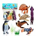 SHAKTISM Ocean World Animal Toy Set for Kids - 6 PCS Realistic Sea Creature Figures, Penguin, Turtle, Seal, Crab, Squid, Shrimp, Plants, Educational Ocean Playset for Boys & Girls