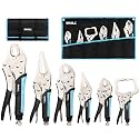 SHALL 6-Piece Locking Pliers, Vice Grips Pliers Set, 5",7" & 10" Curved Jaw Locking Pliers, 6-1/2" & 9-1/2 Long Nose Locking Pliers, 6" Locking C-Clamp, Two-Color TPR Handle, Roll Up Pouch Included