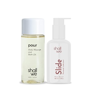 shall we lube and body massage oil combo 100ml each  ph balanced lubricating gel and body oil for men and women  slide personal lubricant and pour relaxing bath oil